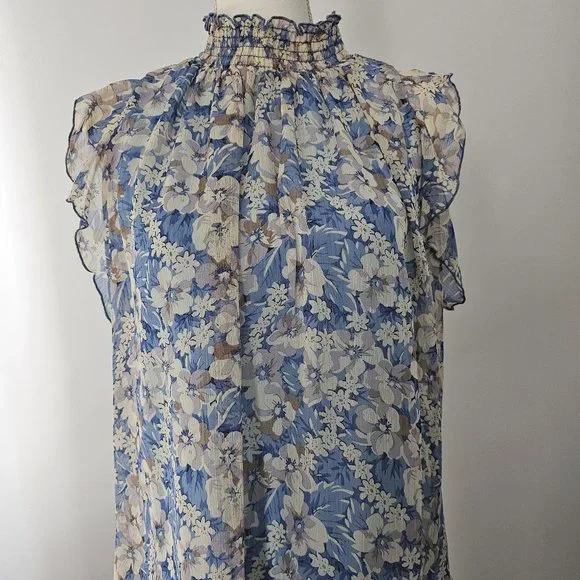 MELLODAY blue BLOUSE top FLORAL lined SMOCKED ruffles BLOUSE - Picture 4 of 12